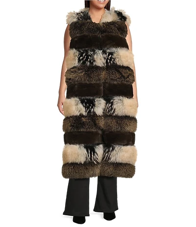 Azalea Wang Plus Size Aspen Faux Fur Brown Zigzag Multi Print Oversize Long Vest
