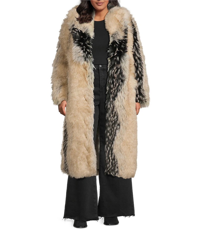 Azalea Wang Plus Size Aurora Tan Fox Pattern Shawl Collar Oversize Maxi Faux Fur Coat