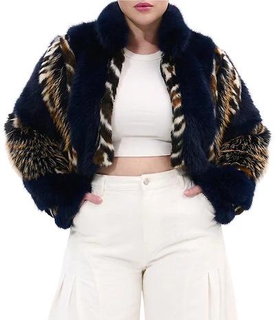 Azalea Wang Plus Size Chiara Faux Fur Animal Stripe Stand Collar Cropped Jacket