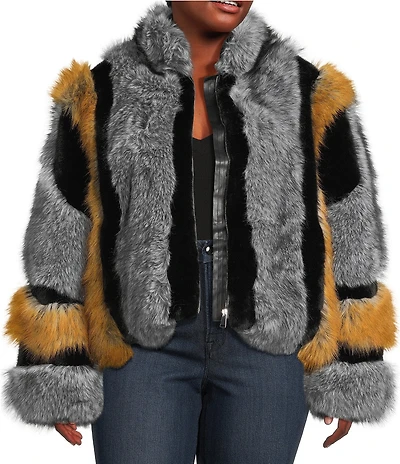 Azalea Wang Plus Size Cora Grey Multi Faux Fur Stand Collar Zip Front Coat