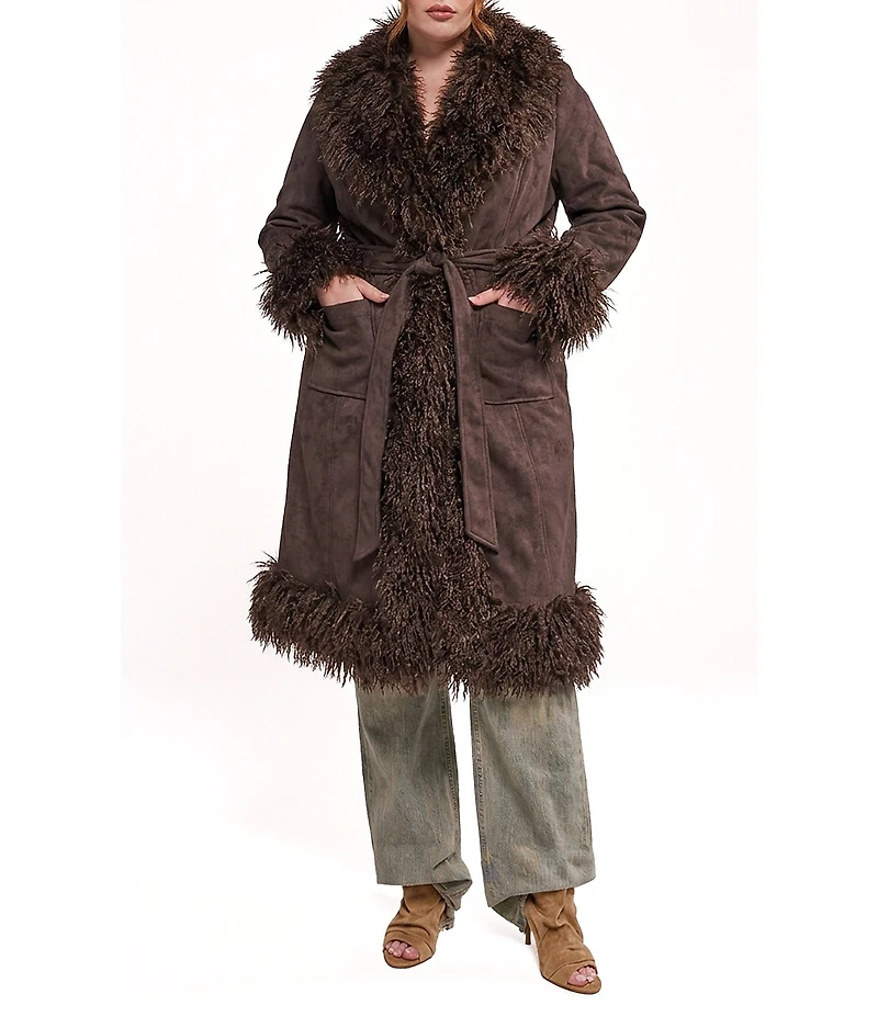 Azalea Wang Plus Size Gilda-Chocolate Faux Sherpa Collared Belted Oversize Trench Coat