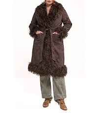 Azalea Wang Plus Size Gilda-Chocolate Faux Sherpa Collared Belted Oversize Trench Coat