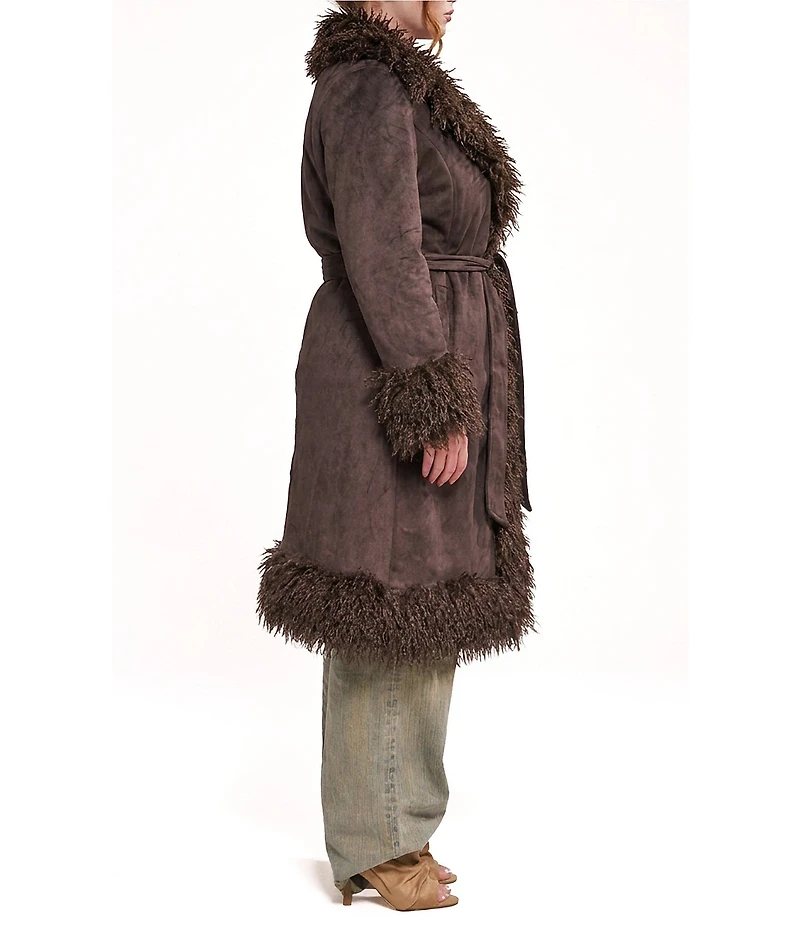 Azalea Wang Plus Size Gilda-Chocolate Faux Sherpa Collared Belted Oversize Trench Coat