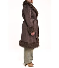 Azalea Wang Plus Size Gilda-Chocolate Faux Sherpa Collared Belted Oversize Trench Coat