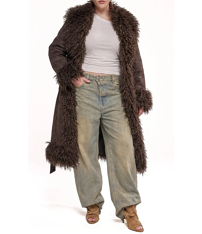 Azalea Wang Plus Size Gilda-Chocolate Faux Sherpa Collared Belted Oversize Trench Coat