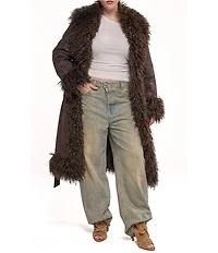 Azalea Wang Plus Size Gilda-Chocolate Faux Sherpa Collared Belted Oversize Trench Coat