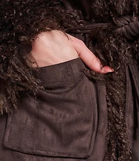 Azalea Wang Plus Size Gilda-Chocolate Faux Sherpa Collared Belted Oversize Trench Coat