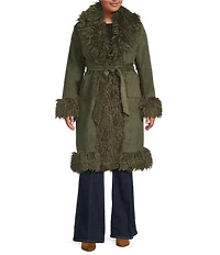 Azalea Wang Plus Size Gilda Olive Faux Sherpa Collared Belted Oversize Trench Coat