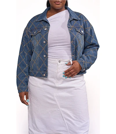 Azalea Wang Plus Size Gramercy-Denim Antique Gold Flat Stud Embellished Point Collar Jean Jacket