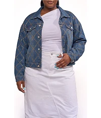Azalea Wang Plus Size Gramercy-Denim Antique Gold Flat Stud Embellished Point Collar Jean Jacket