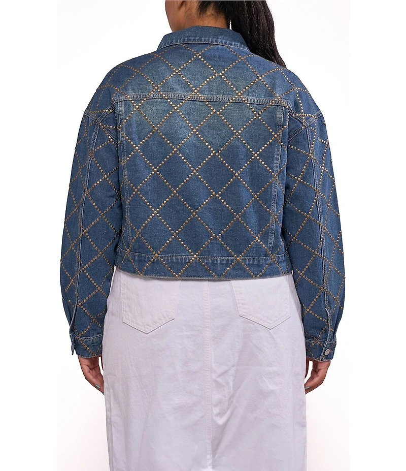Azalea Wang Plus Size Gramercy-Denim Antique Gold Flat Stud Embellished Point Collar Jean Jacket