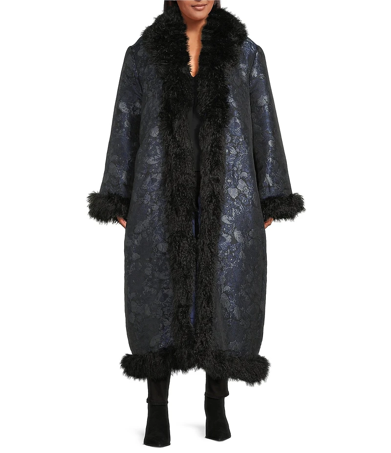 Azalea Wang Plus Size IIsla Navy Brocade Shawl Collared Faux Fur Trim Oversize Trench Coat