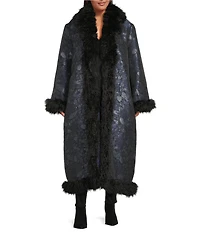 Azalea Wang Plus Size IIsla Navy Brocade Shawl Collared Faux Fur Trim Oversize Trench Coat