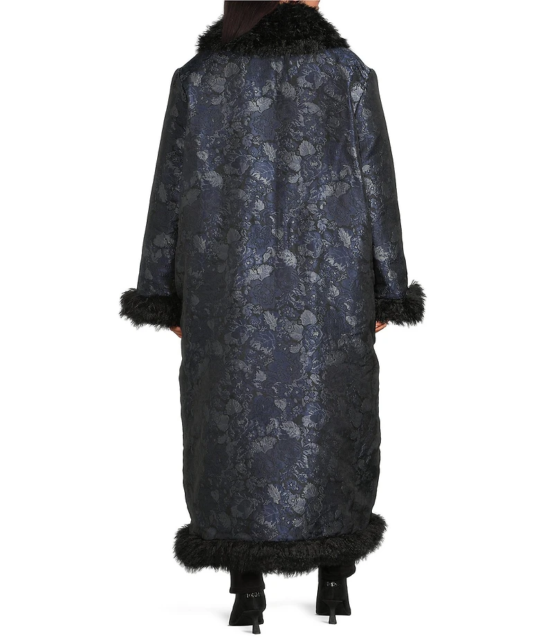 Azalea Wang Plus Size IIsla Navy Brocade Shawl Collared Faux Fur Trim Oversize Trench Coat