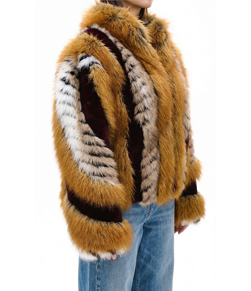 Azalea Wang Plus Size Inez Faux Fur Animal Stripe Stand Collar Zip Front Jacket