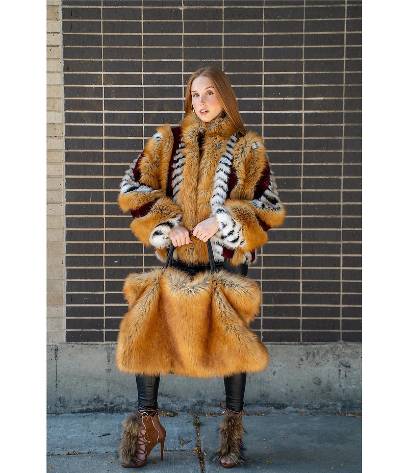 Azalea Wang Plus Size Inez Faux Fur Animal Stripe Stand Collar Zip Front Jacket