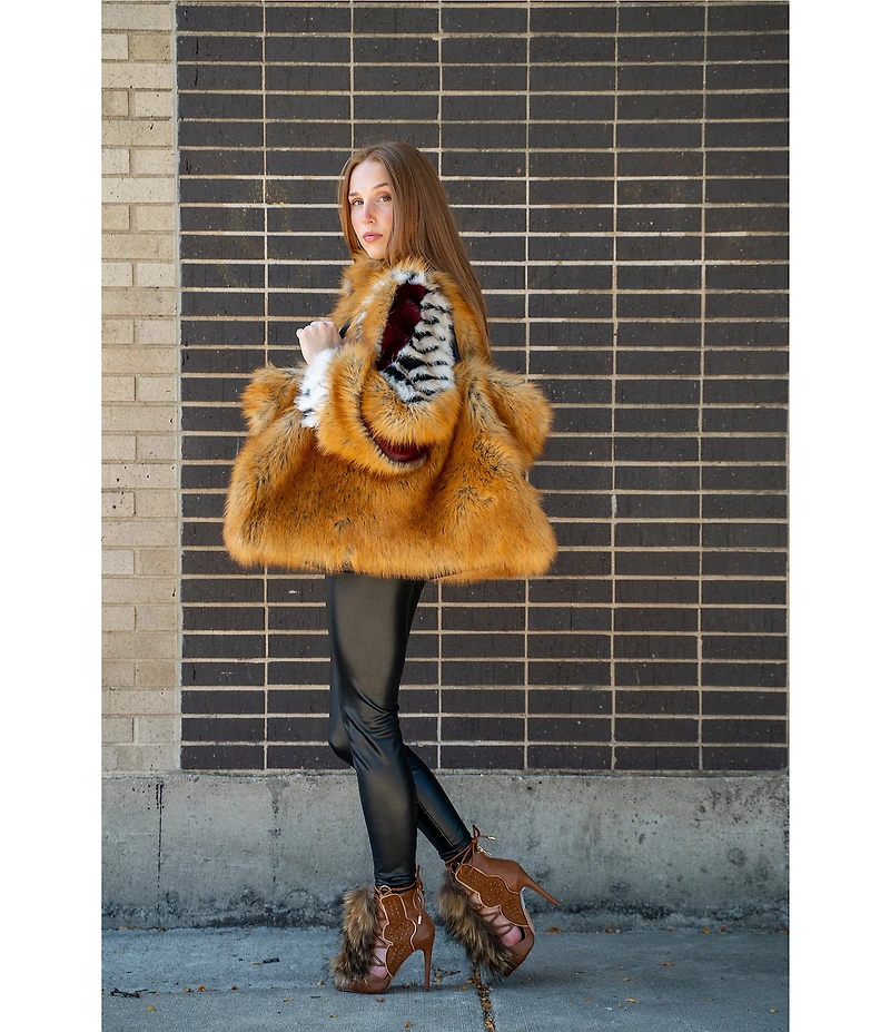 Azalea Wang Plus Size Inez Faux Fur Animal Stripe Stand Collar Zip Front Jacket