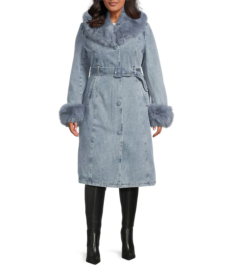Azalea Wang Plus Size Kaya Denim Faux Fur Collared Trench Coat