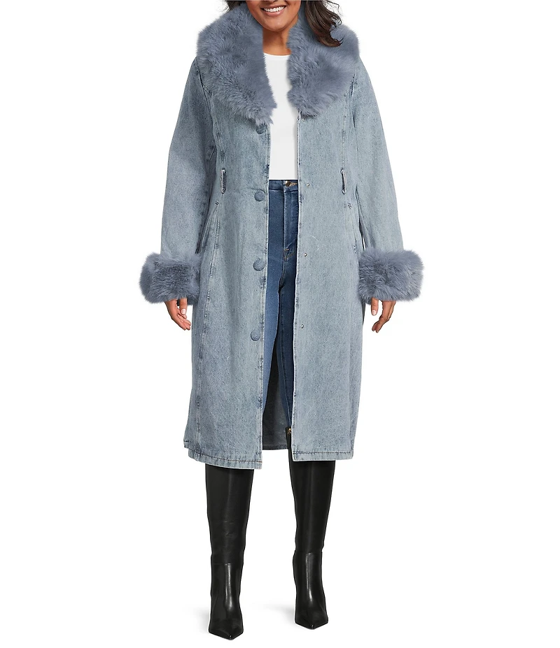 Azalea Wang Plus Size Kaya Denim Faux Fur Collared Trench Coat