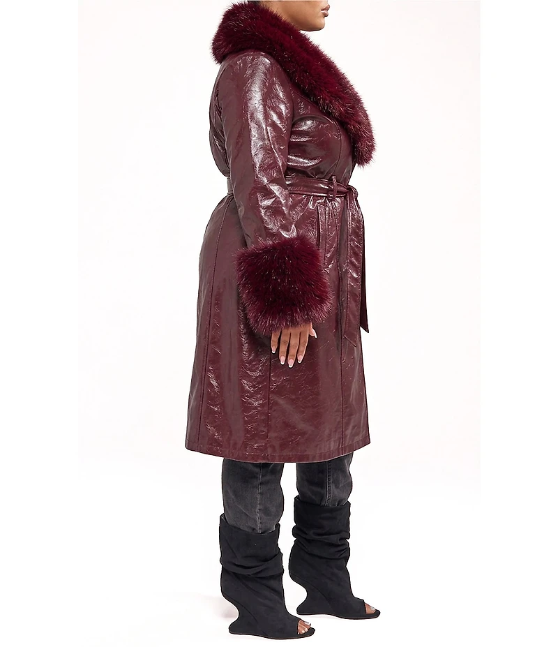 Azalea Wang Plus Size Kaya Faux Leather Open Lapel Belted Trench Coat
