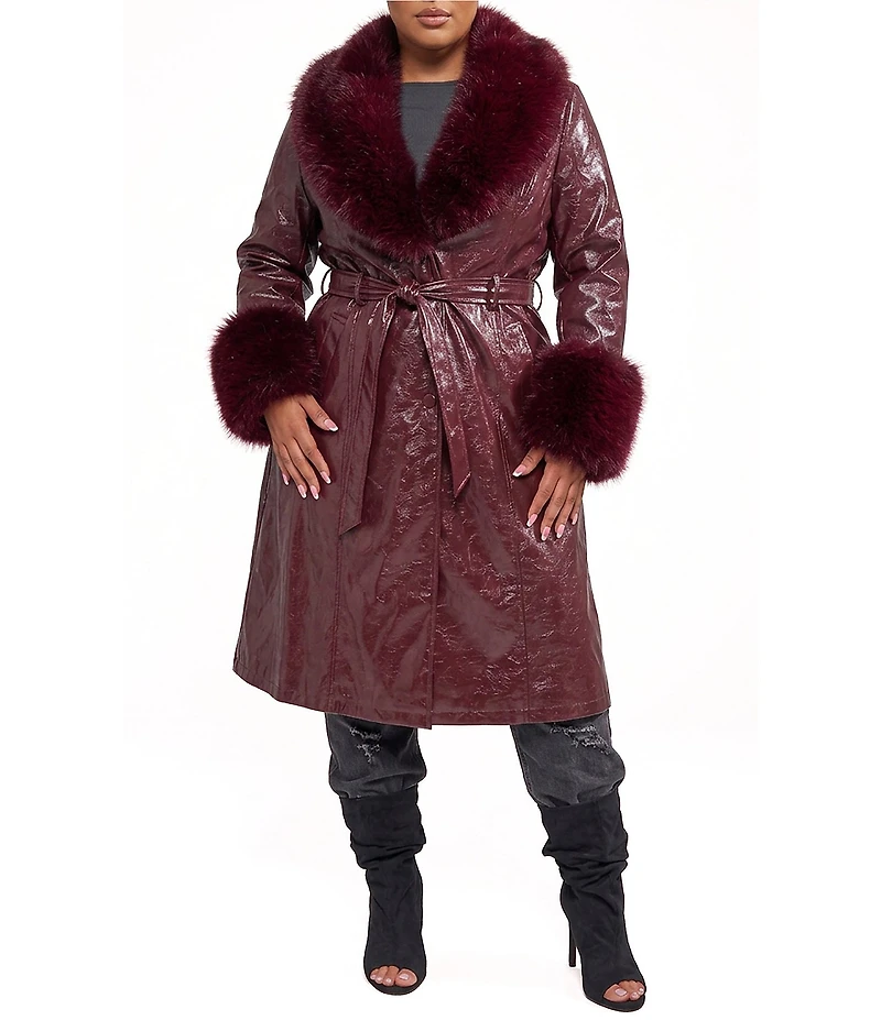 Azalea Wang Plus Size Kaya Faux Leather Open Lapel Belted Trench Coat