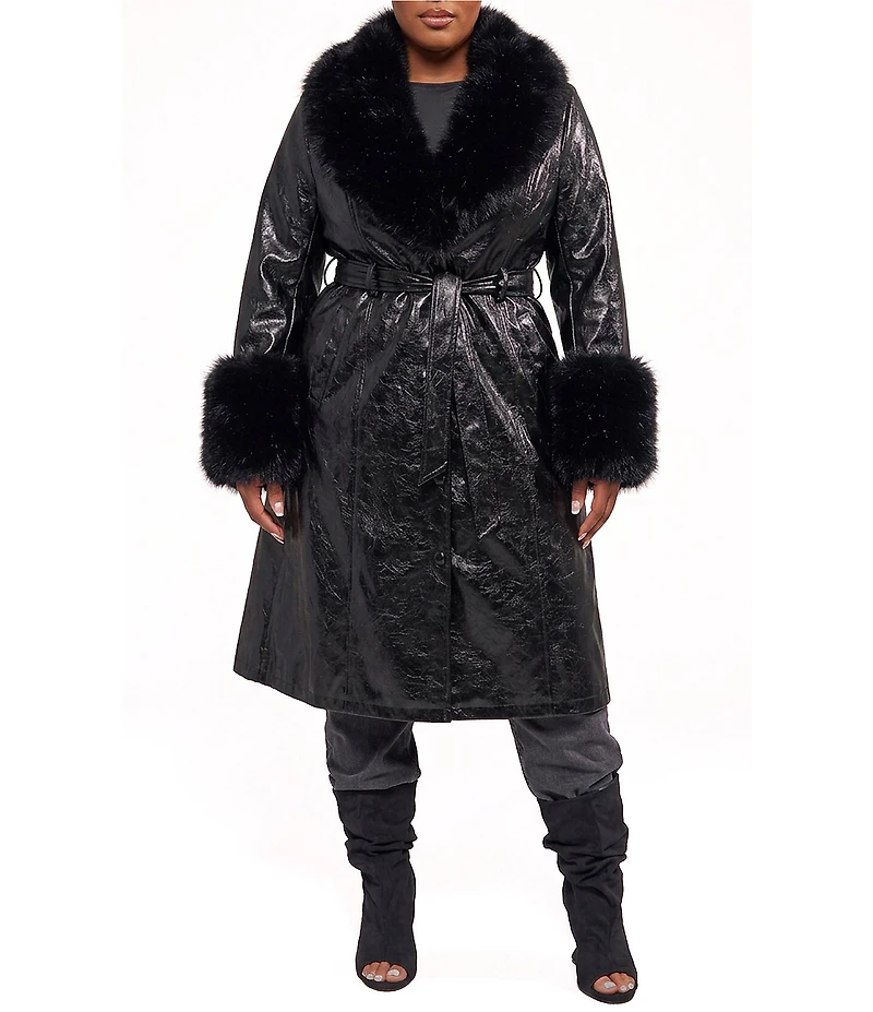 Azalea Wang Plus Size Kaya Faux Leather Open Lapel Belted Trench Coat