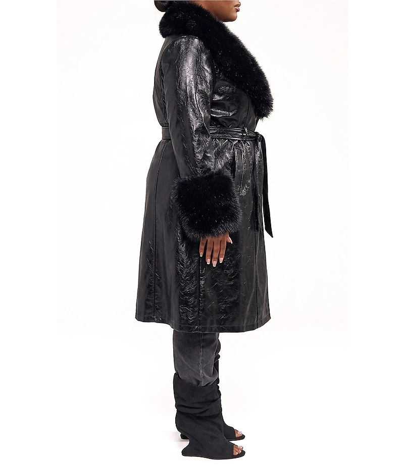 Azalea Wang Plus Size Kaya-Midnight Open Lapel Belted Faux Leather Trench Coat