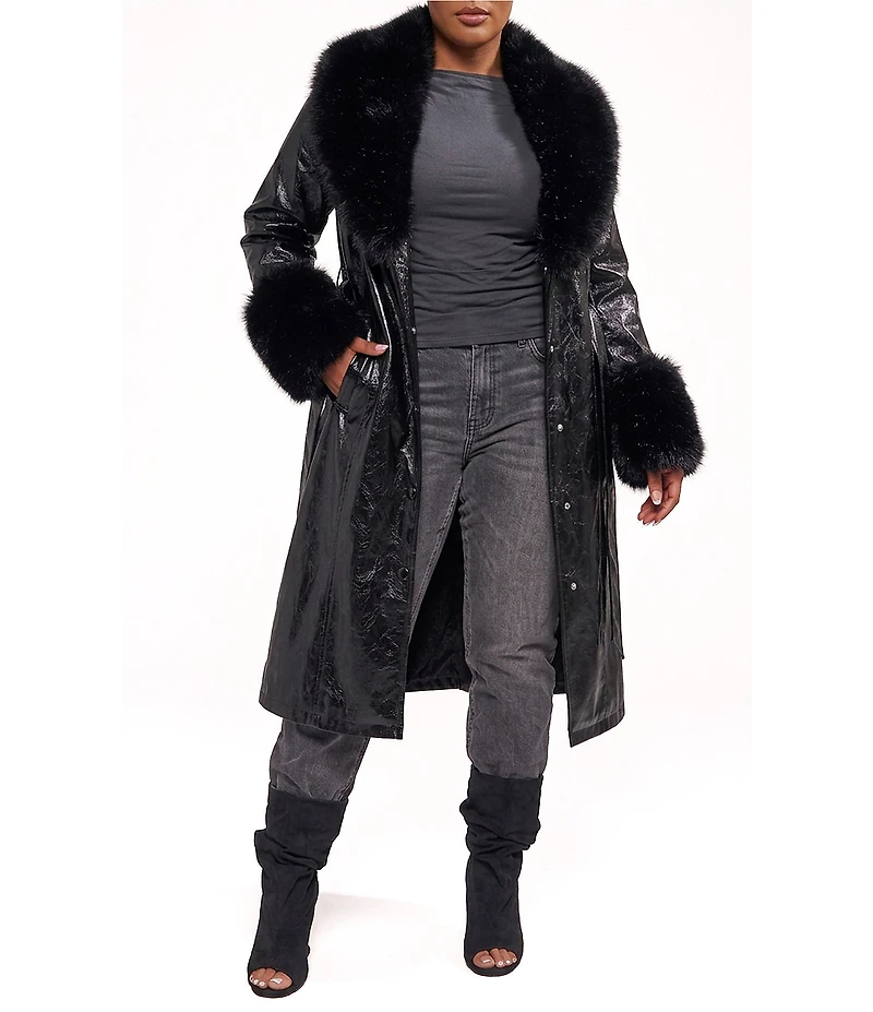 Azalea Wang Plus Size Kaya-Midnight Open Lapel Belted Faux Leather Trench Coat