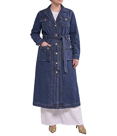 Azalea Wang Plus Size Lucienne Denim Point Collar Belted Button Front Trench Coat