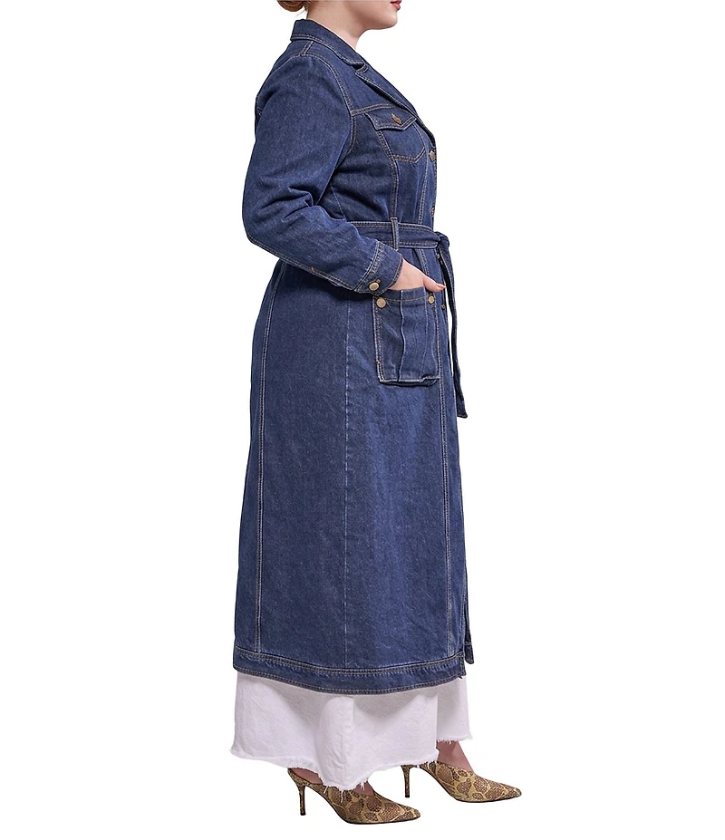 Azalea Wang Plus Size Lucienne Denim Point Collar Belted Button Front Trench Coat
