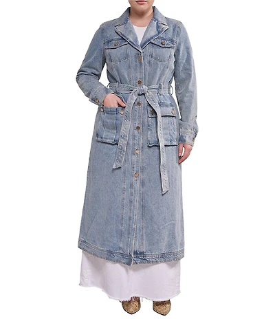 Azalea Wang Plus Size Lucienne-Light Denim Notch Collar Belted Button Front Trench Coat