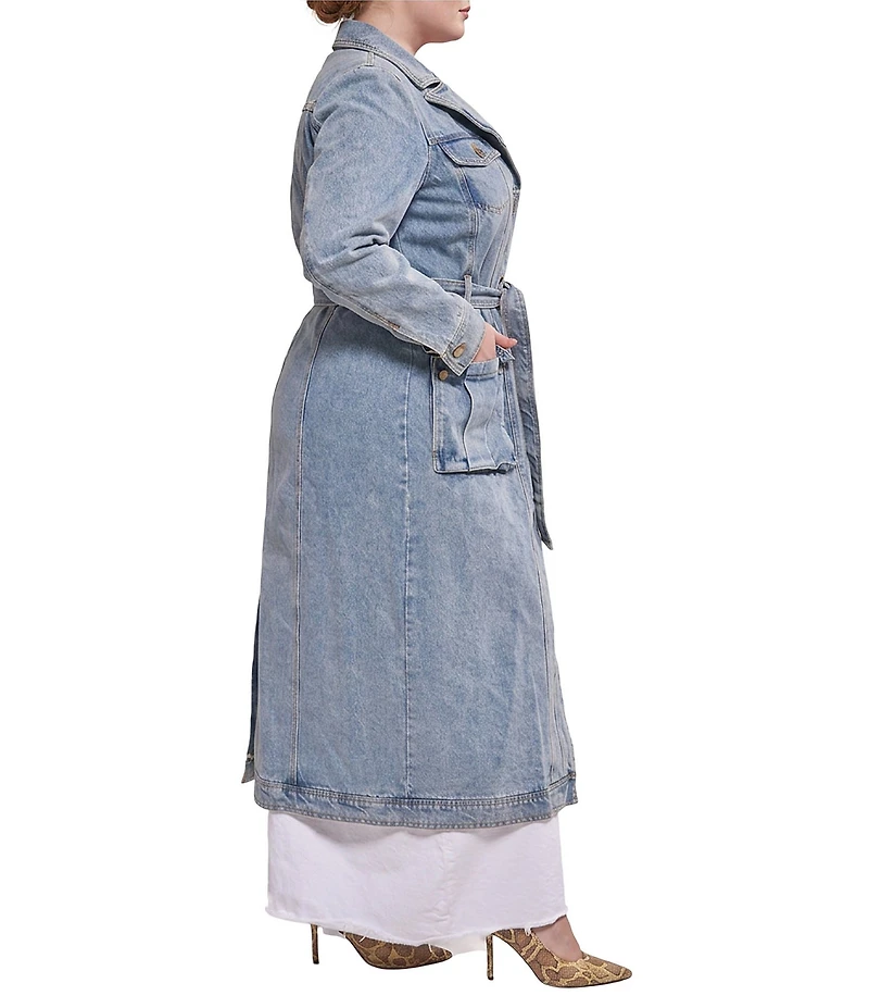 Azalea Wang Plus Size Lucienne-Light Denim Notch Collar Belted Button Front Trench Coat