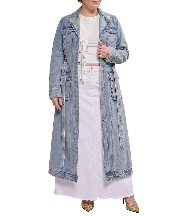 Azalea Wang Plus Size Lucienne-Light Denim Notch Collar Belted Button Front Trench Coat