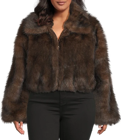 Azalea Wang Plus Size Memphis Brown Faux Fur Shawl Collar Zip Front Bomber Jacket
