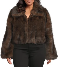 Azalea Wang Plus Size Memphis Brown Faux Fur Shawl Collar Zip Front Bomber Jacket
