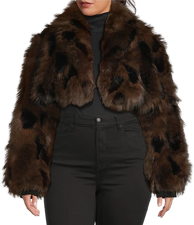 Azalea Wang Plus Size Nightlife Animal Print Faux Fur Oversize Shawl Collar Ultra Cropped Bolero Jacket