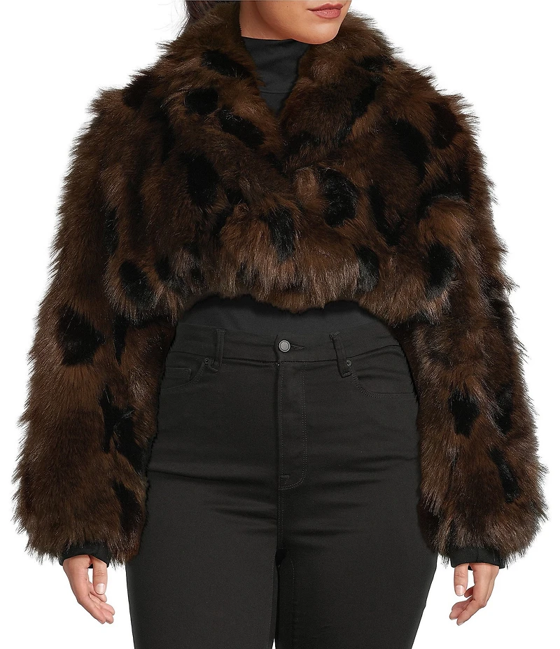 Azalea Wang Plus Size Nightlife Animal Print Faux Fur Oversize Shawl Collar Ultra Cropped Bolero Jacket