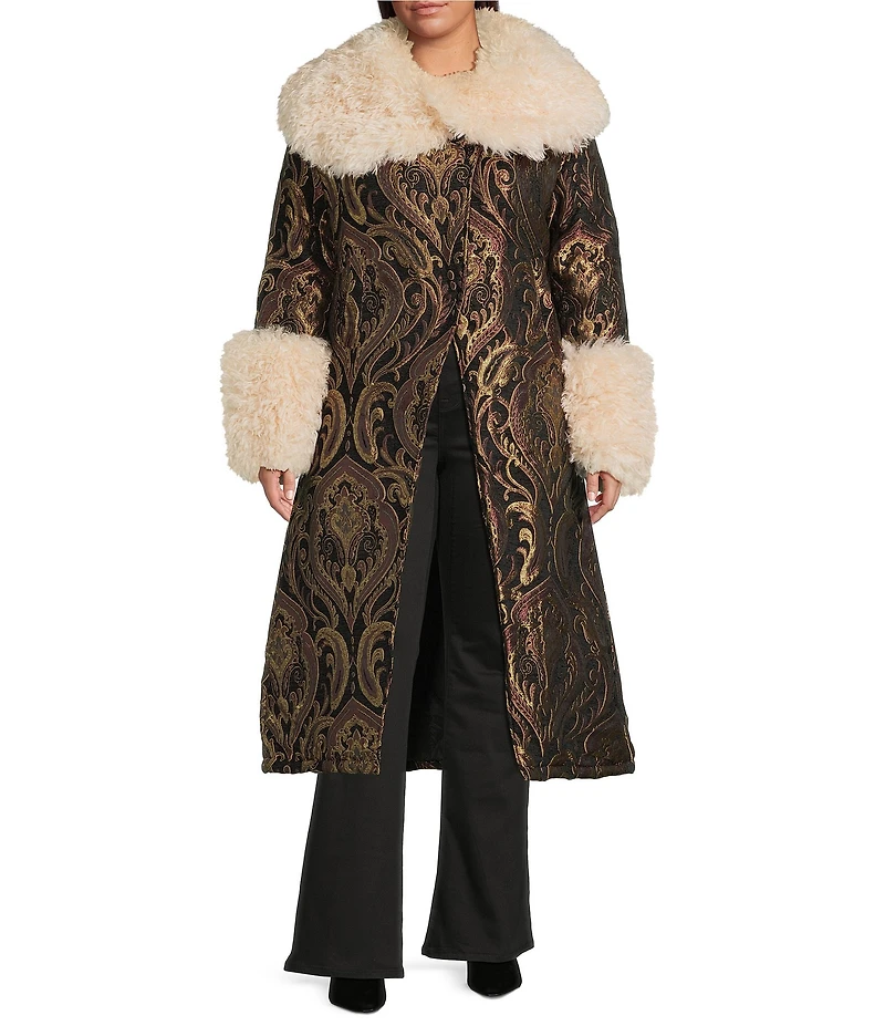 Azalea Wang Plus Size Otelia Brocade Faux Sherpa Belted Trench Coat