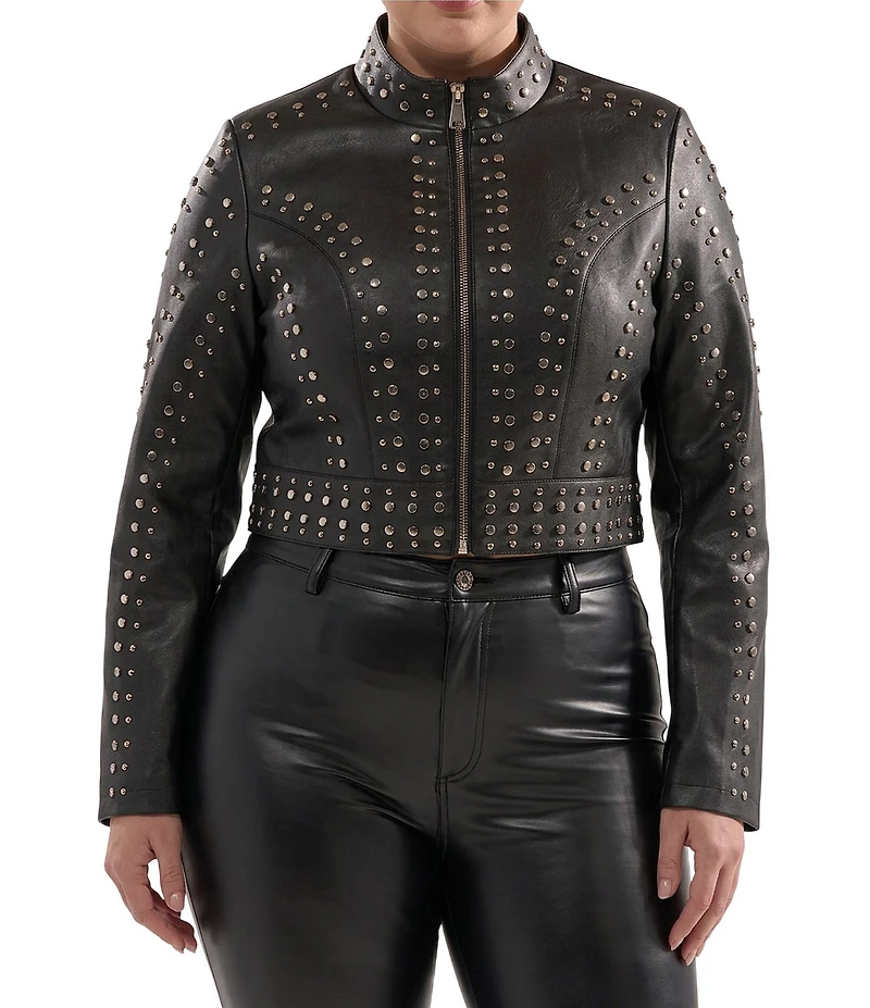 Azalea Wang Plus Size Silvina-Black Studded Stand Collar Fitted Moto Crop Jacket