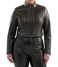 Azalea Wang Plus Size Silvina-Black Studded Stand Collar Fitted Moto Crop Jacket