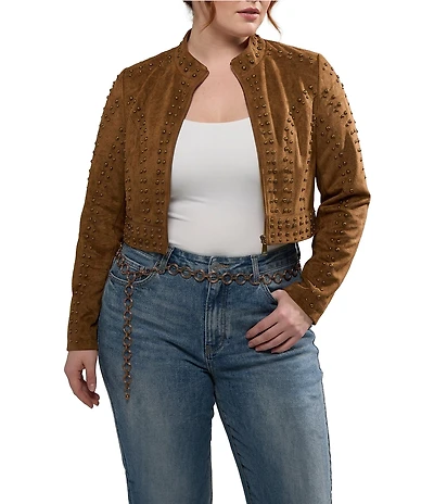 Azalea Wang Plus Size Silza-Brown Faux Suede Leather Stand Collar Rivet Cropped Moto Jacket