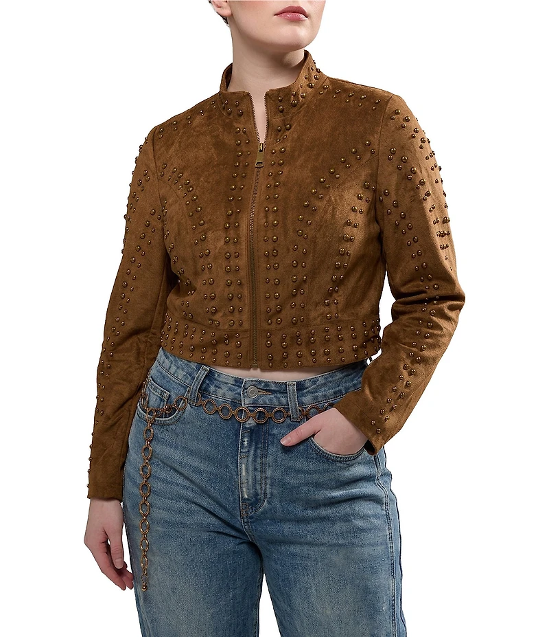 Azalea Wang Plus Size Silza-Brown Faux Suede Leather Stand Collar Rivet Cropped Moto Jacket