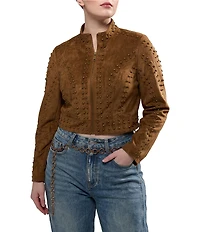 Azalea Wang Plus Size Silza-Brown Faux Suede Leather Stand Collar Rivet Cropped Moto Jacket