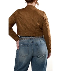 Azalea Wang Plus Size Silza-Brown Faux Suede Leather Stand Collar Rivet Cropped Moto Jacket
