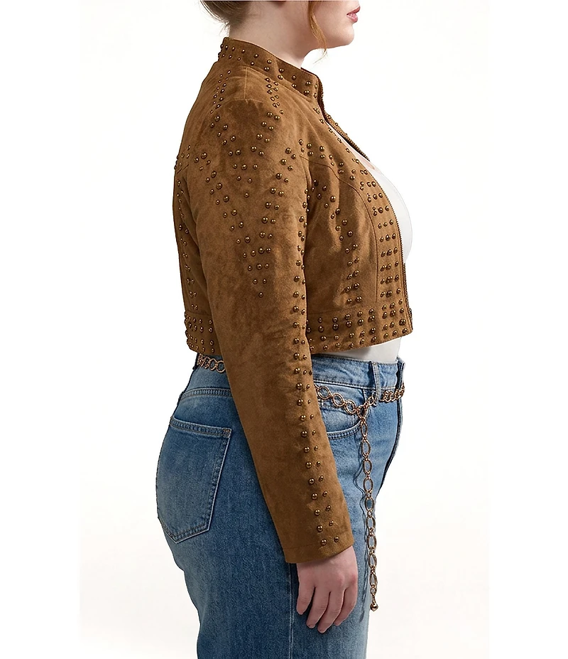 Azalea Wang Plus Size Silza-Brown Faux Suede Leather Stand Collar Rivet Cropped Moto Jacket