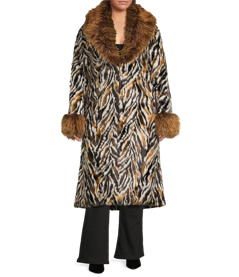 Azalea Wang Plus Size Tiana Retro Animal Print Faux Fur Shawl Collared Oversize Trench Coat