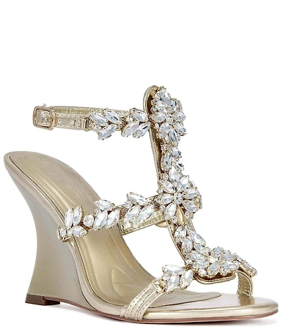 Azalea Wang Porceline Metallic Jeweled Sculpted Wedge Dress Sandals