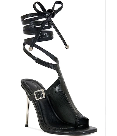 Azalea Wang Previa Croco Print Ankle Wrap Tie Toe Loop Dress Sandals