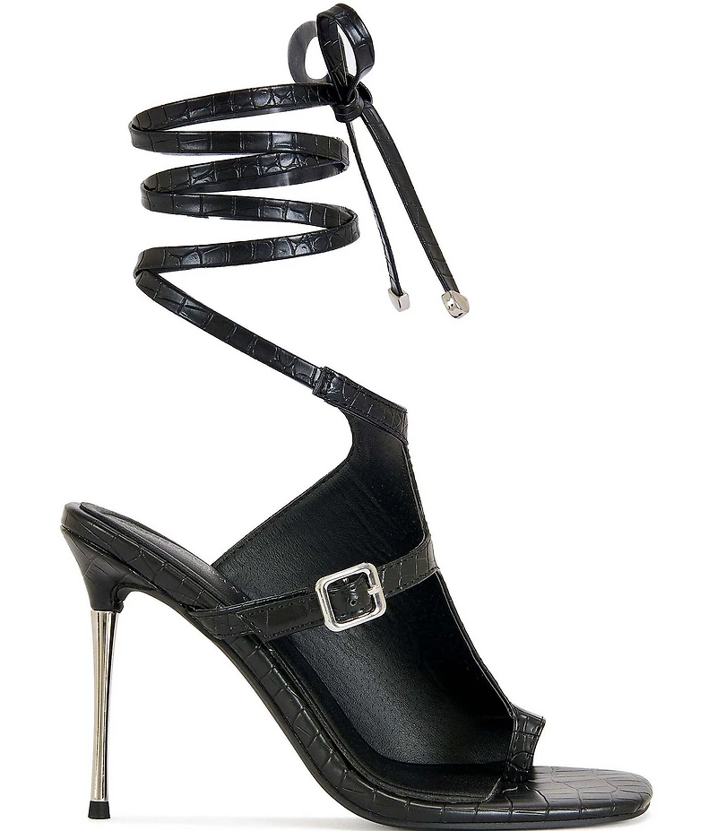 Azalea Wang Previa Croco Print Ankle Wrap Tie Toe Loop Dress Sandals