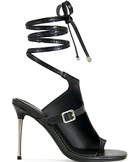 Azalea Wang Previa Croco Print Ankle Wrap Tie Toe Loop Dress Sandals